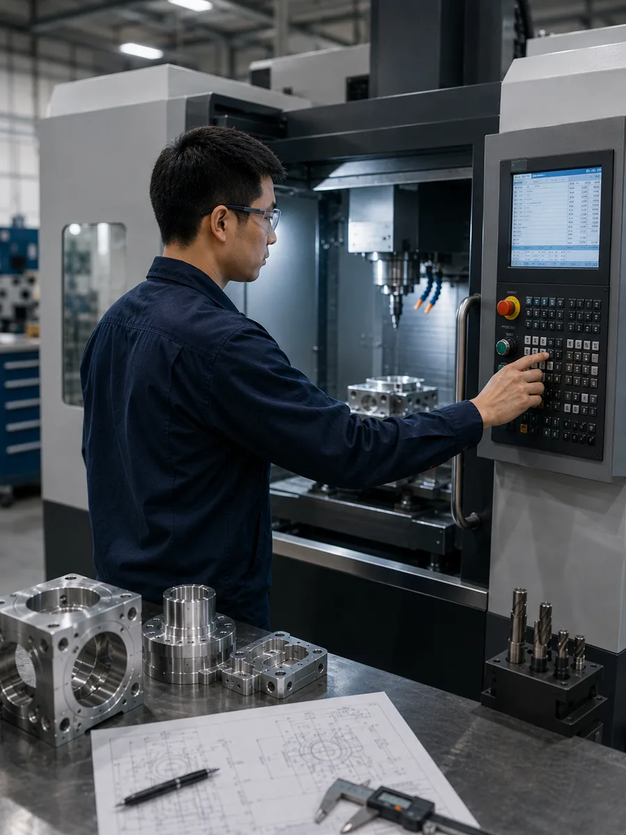 CNC operator working in a modern machining workshop