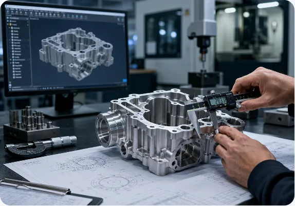 Machined housing being measured with digital calipers beside CAD and drawings