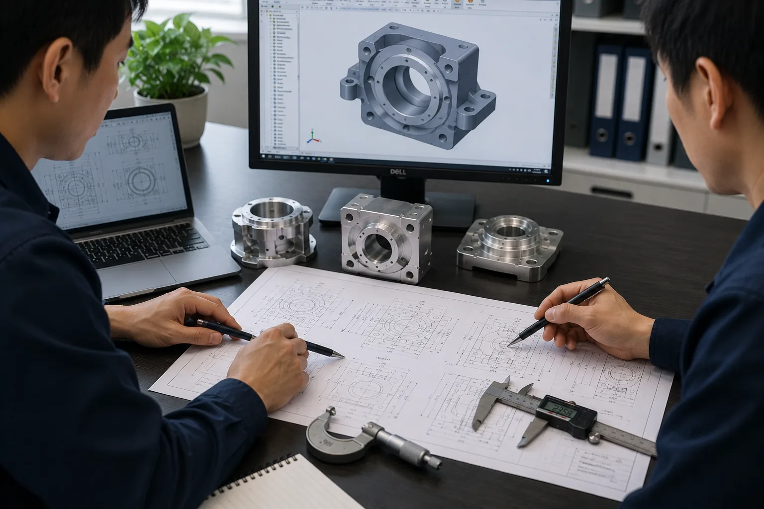 Engineering team reviewing CNC drawings and machined parts