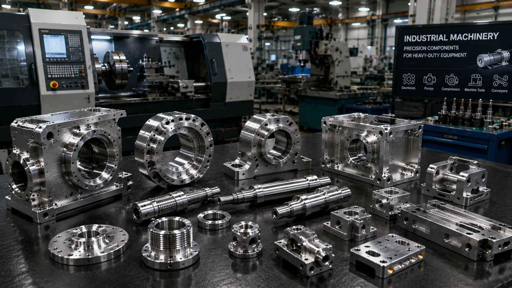 Industrial machinery precision components in a CNC workshop