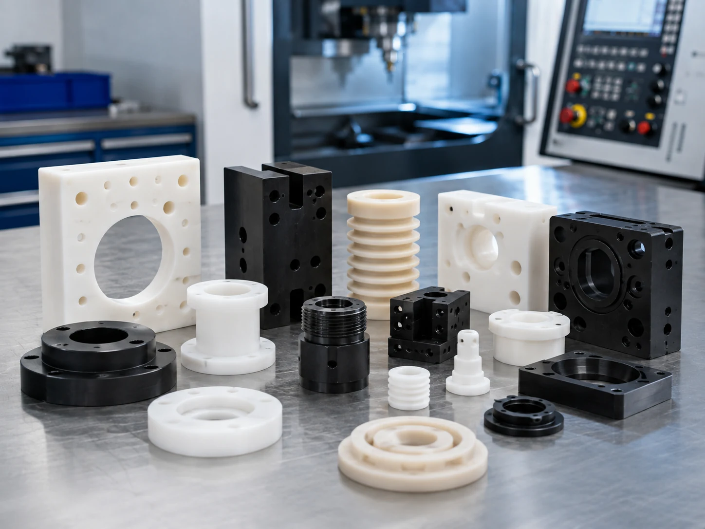 White and black engineering plastic machined components