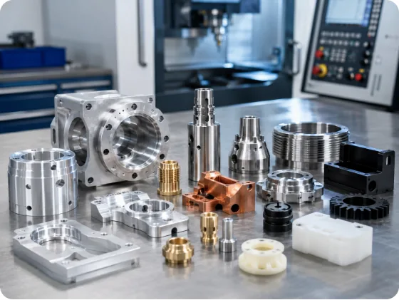 Mixed CNC machined metal, brass, copper and plastic components