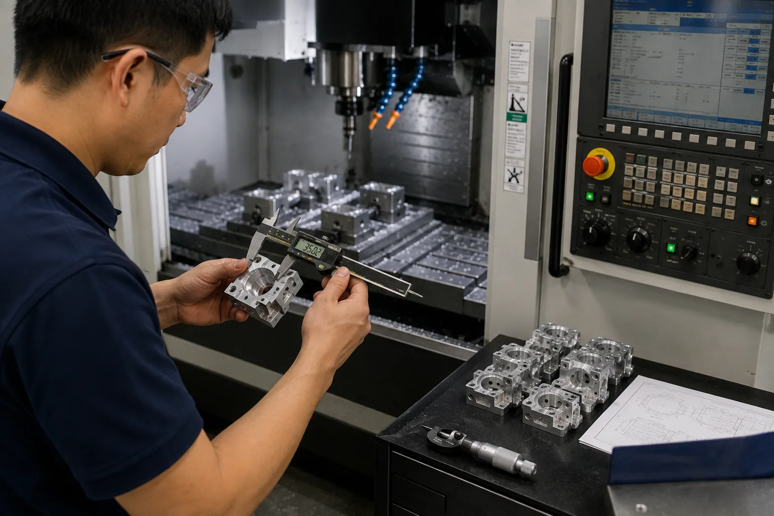 Operator checking a machined part during production
